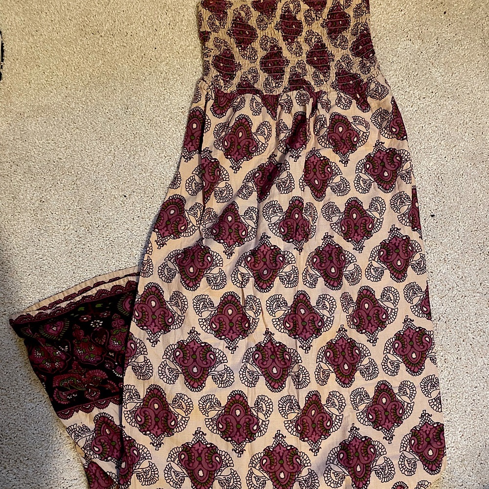 Bohemian Maxi Dress with beautiful burgundy, fuchsia and green pattern.